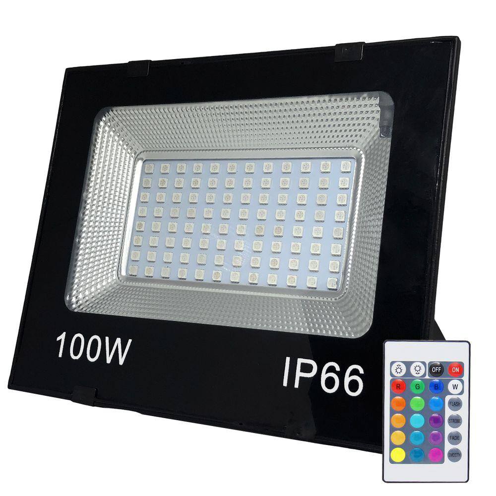 Refletor Holofote Led Rgb C/ Controle Bivolt IP66 100W