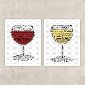 Kit 2 Quadros Vinho Branco E Vinho Tinto 45X34Cm - Com Vidro