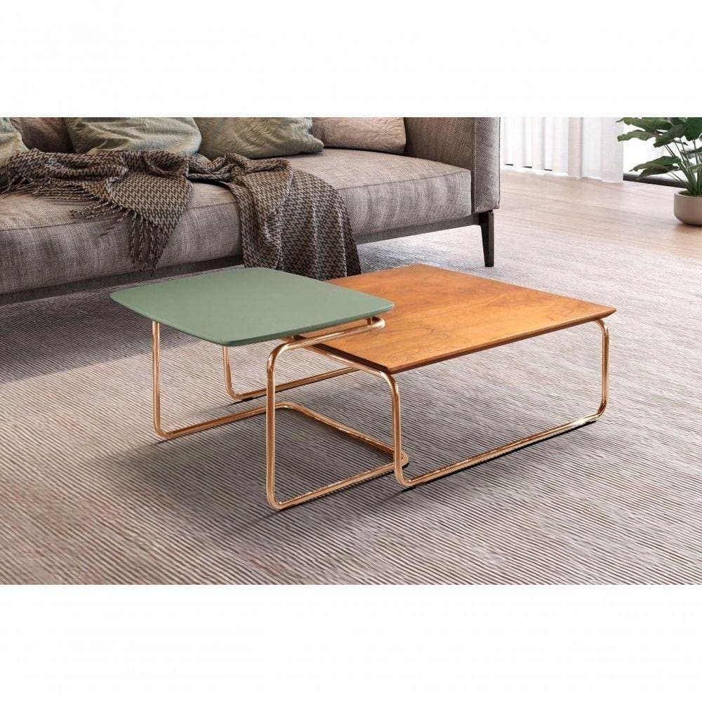 Conjunto Mesa De Centro Kairos Base Cobre Larflex Cor:verde Lazza