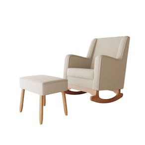 Cadeira Poltrona de Amamentação e Balanço C/ Puff Linho Bege - Lahome Decor