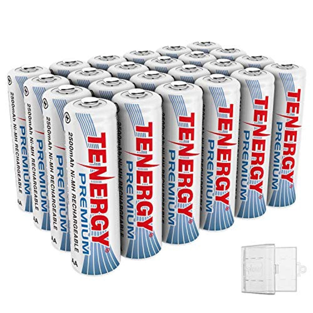 Pacote com 24 pilhas AA recarregáveis premium da Tenergy, bateria AA NiMH de alta capacidade de 2500 mAh, bateria de cé AA com 6 suportes AA