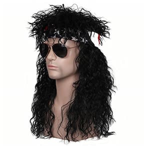 Peruca dos anos 80 com bandana para homens longos curly black rocker peruca cosplay para o Halloween