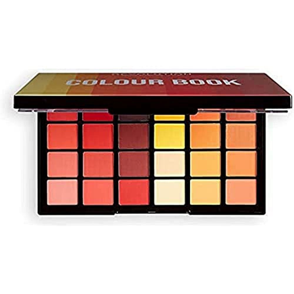 Makeup Revolution Color Book Eyeshadow Palette, 24 Shimmer Hues & 24 Matte Shades, Cruelty-Free, Red, Orange & Yellow Tones, 0.96 Oz
