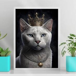 Quadro Gato Branco com Coroa 24x18cm - Madeira Branca