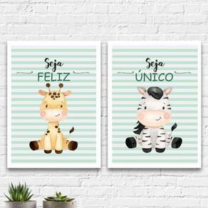 Kit 2 Quadros Infantil Tema Safari Seja 33X24Cm Vidro Branca