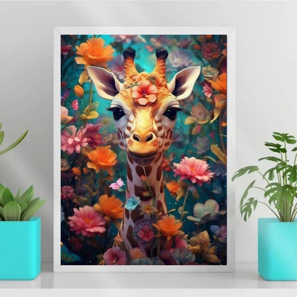 Quadro Decorativo Girafa Flores 33x24cm - Vidro Branca