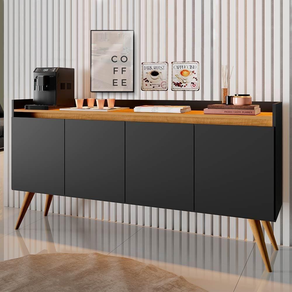 Aparador Buffet Gold De Sala 4 Portas Pes Palito Preto Marrom Primus