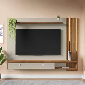 Painel Ripado Autêntico para TV até 80 Polegadas 2 Gavetas com Friso Decorativo Luminária LED Cascata Hanôver Off-White/Marromlle