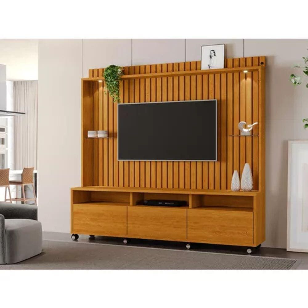 Estante Home Ripado Para Tv Até 65 Polegadas -3 Gavetas e Nicho com Leds -Rodizio -Carmolar -NATURALE