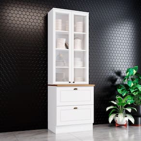 Cristaleira 2 Portas de Vidro 2 Gavetas Emily Espresso Móveis Marrom/Branco HP