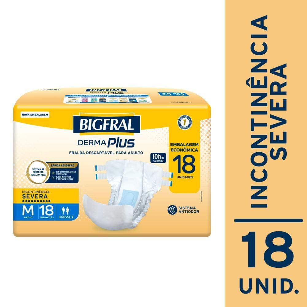 Fralda Geriátrica Bigfral Derma Plus M com 18un Embalagem Econômica