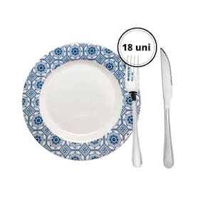 Jogo 6 Pratos Decorado Raso 25cm Melamina 12 Garfo Facas Inox