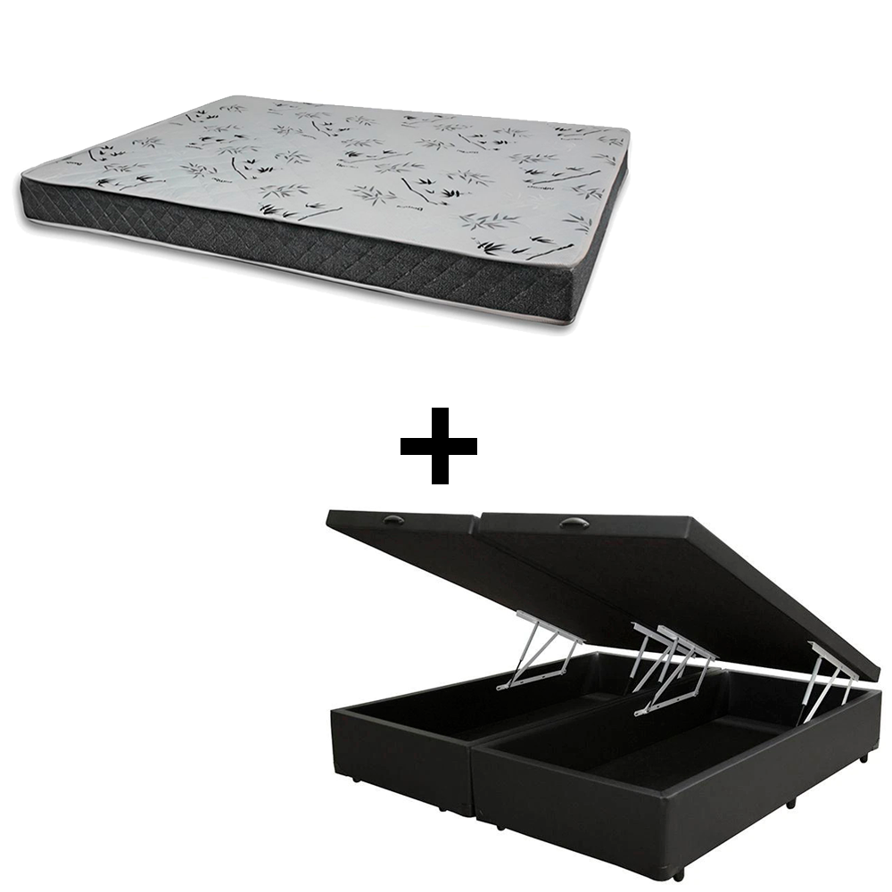 Cama Baú Casal 138 Bipartido Tecido Sintético Preto Com Colchão Miller Bello Box - 100% Espuma - D33 Cinza 54x138x188