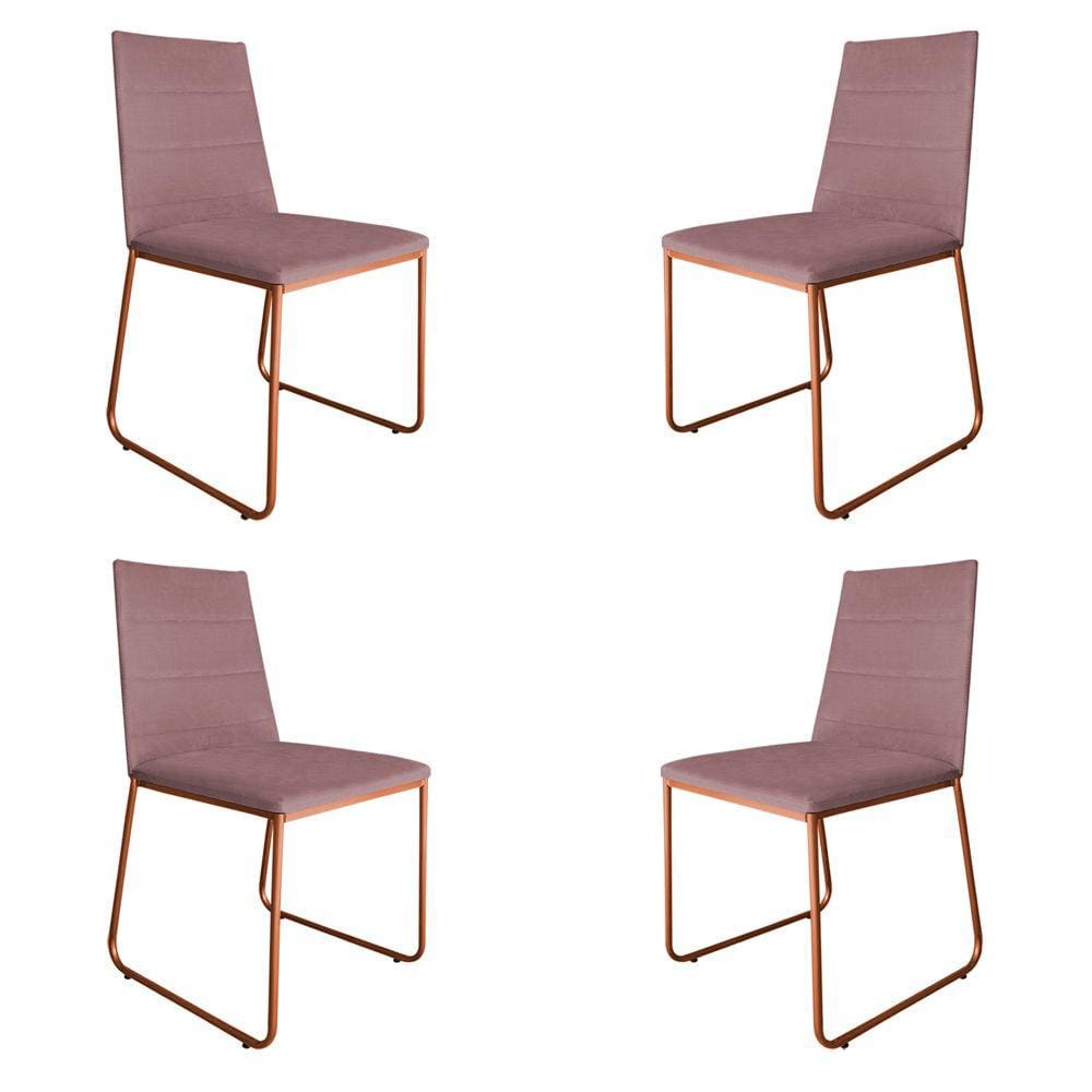 Kit 4 Cadeiras de Jantar Estofada Lille Base Bronze Veludo Rosê - Montanaris Decor