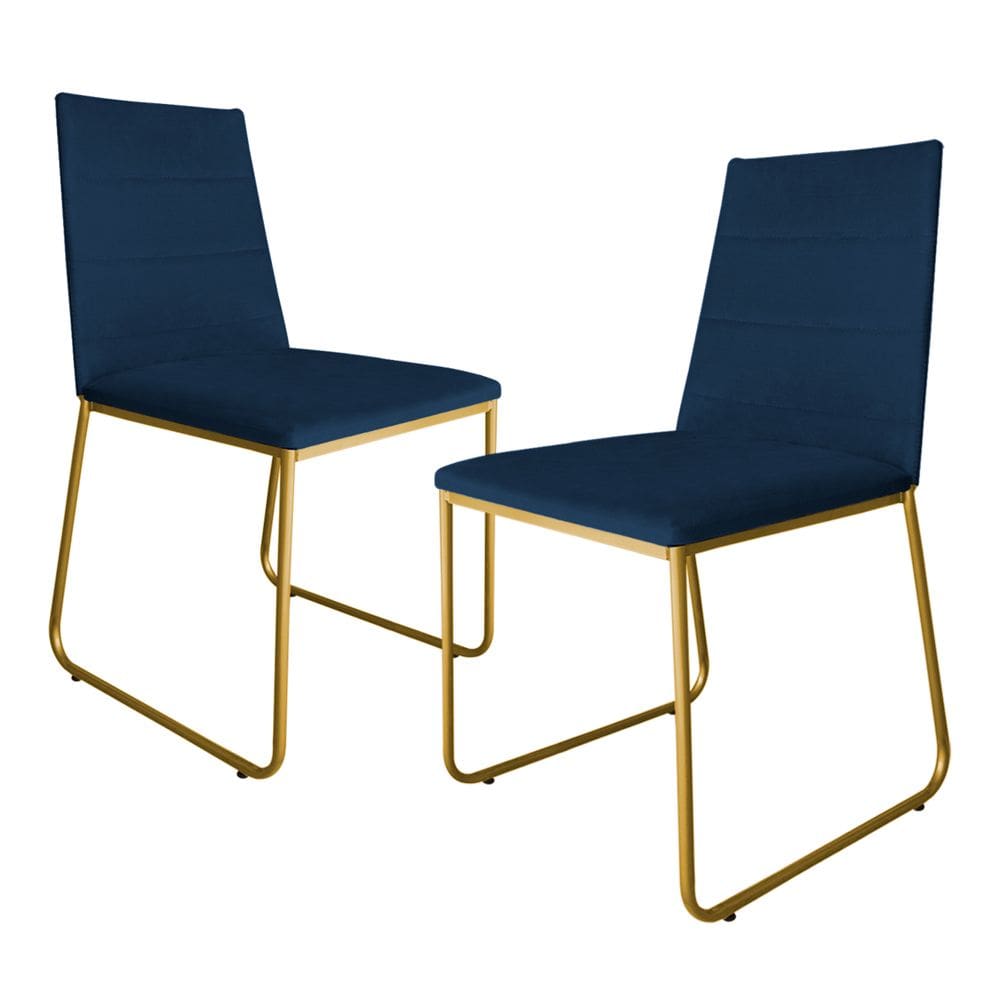 Kit 2 Cadeiras de Jantar Estofada Lille Base Gold Veludo Azul Marinho - Montanaris Decor