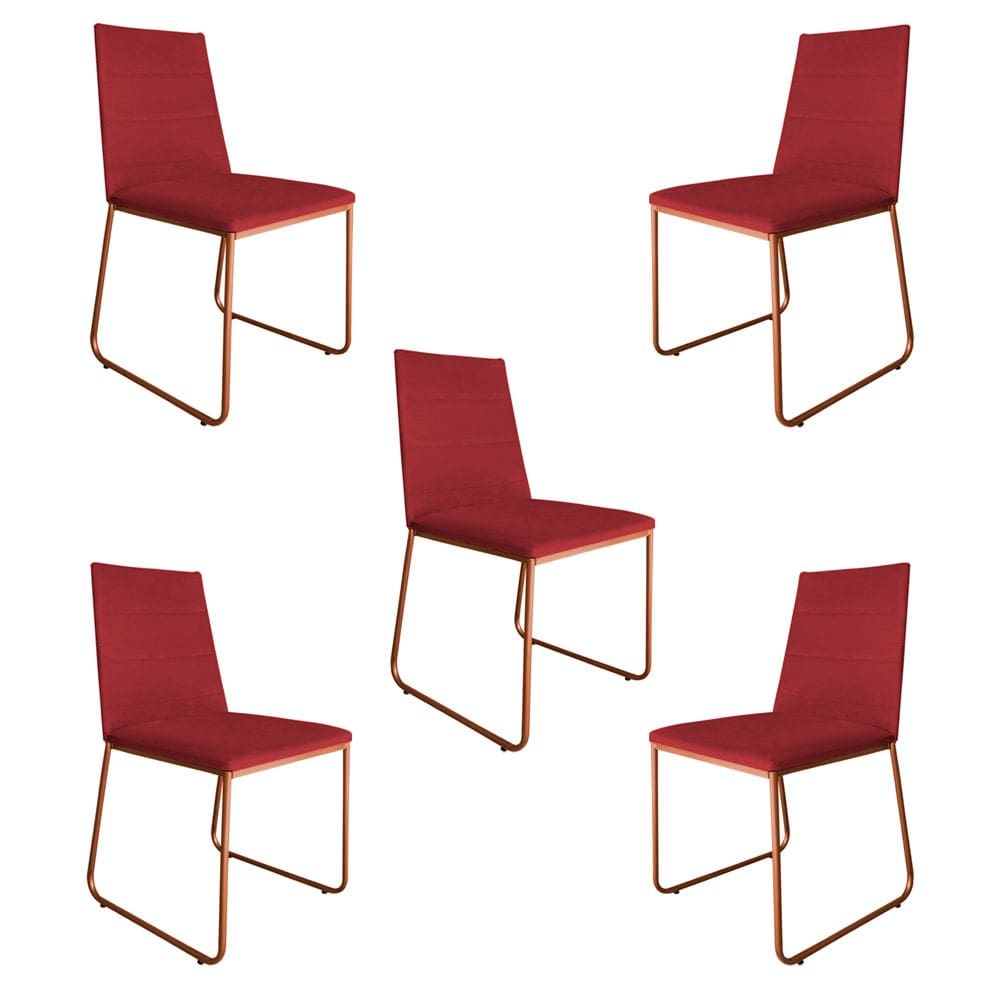 Kit 5 Cadeiras de Jantar Estofada Lille Base Bronze Veludo Vermelho - Montanaris Decor