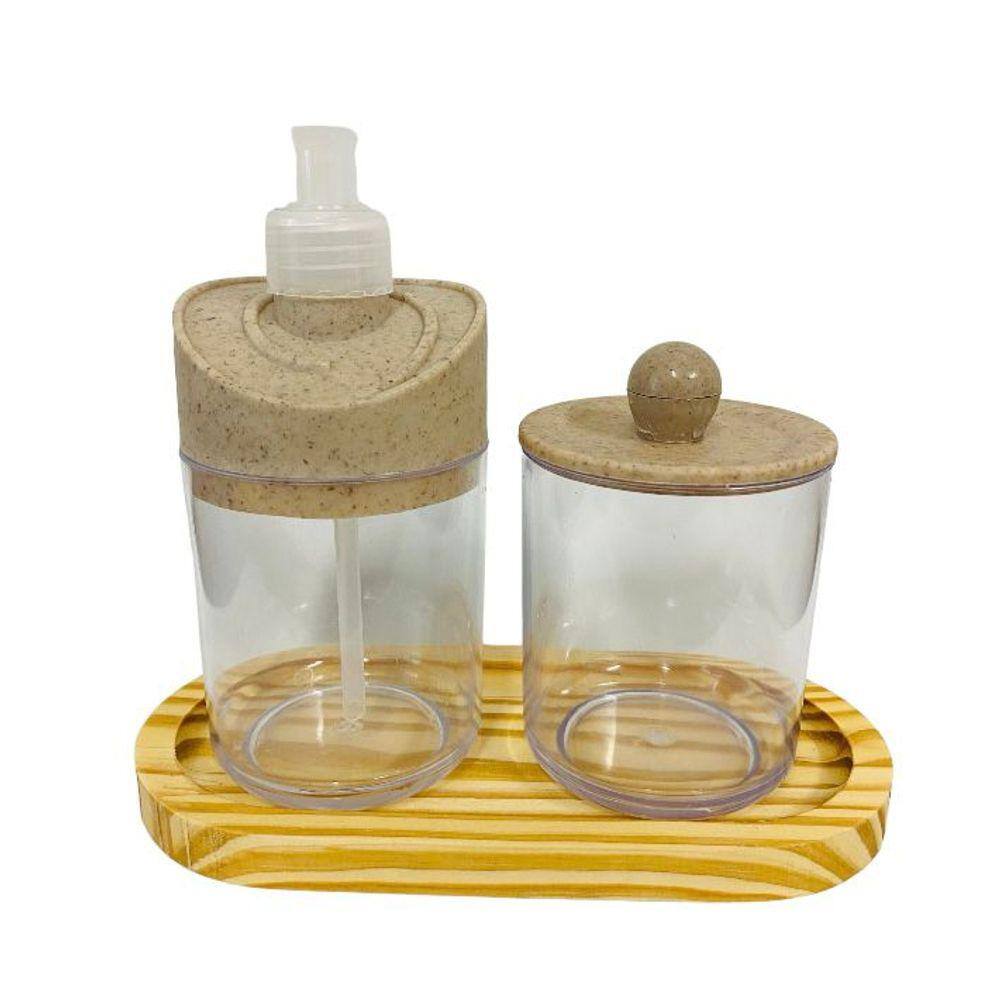 Kit Banheiro Transparente c/ 2 peças + Bandeja de Madeira
