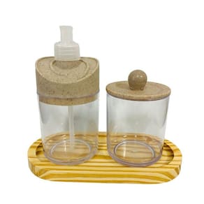 Kit Banheiro Transparente c/ 2 peças + Bandeja de Madeira
