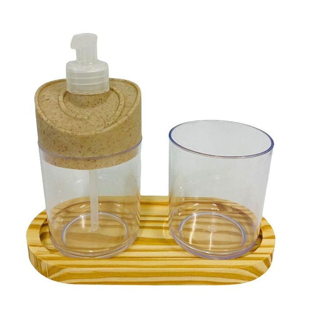 Kit Banheiro Transparente c/ 2 peças + Bandeja de Madeira