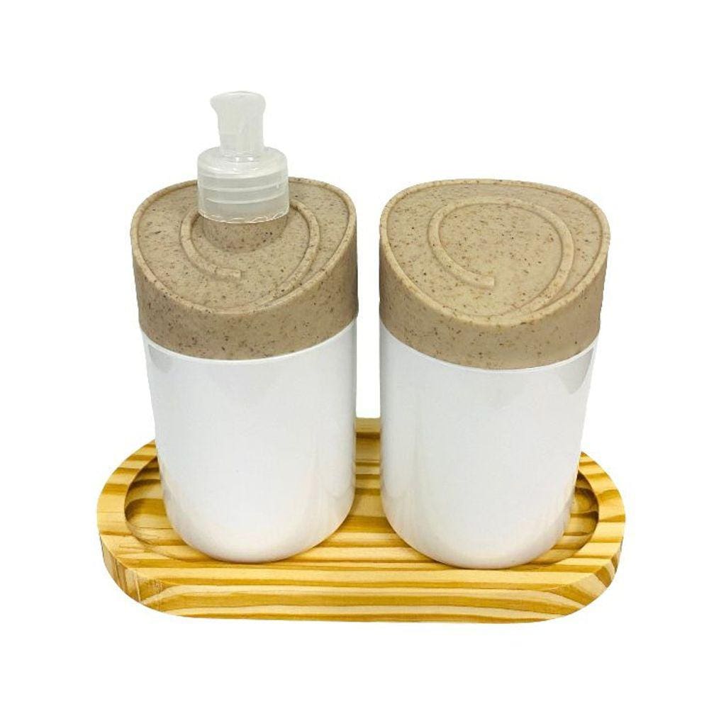 Kit Banheiro Branco c/ 2 peças + Bandeja de Madeira