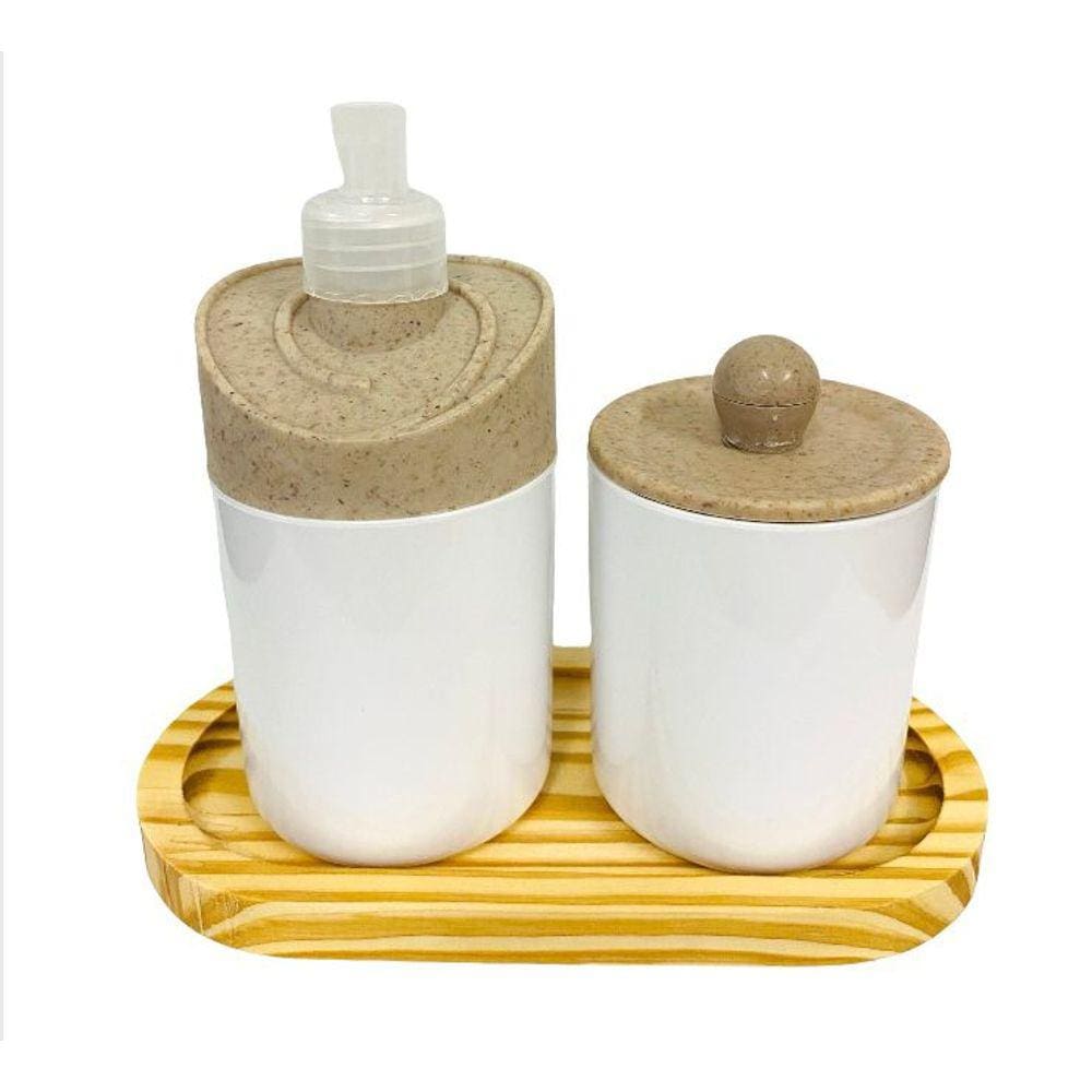 Kit Banheiro Branco c/ 2 peças + Bandeja de Madeira