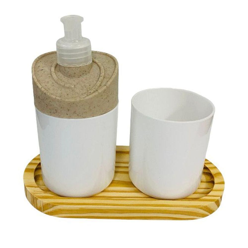 Kit Banheiro Branco c/ 2 peças + Bandeja de Madeira