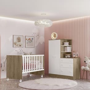 Conjunto Guarda Roupa Comoda e Berço Doce Sonho Com Colchão Carvalho Rustico/Branco