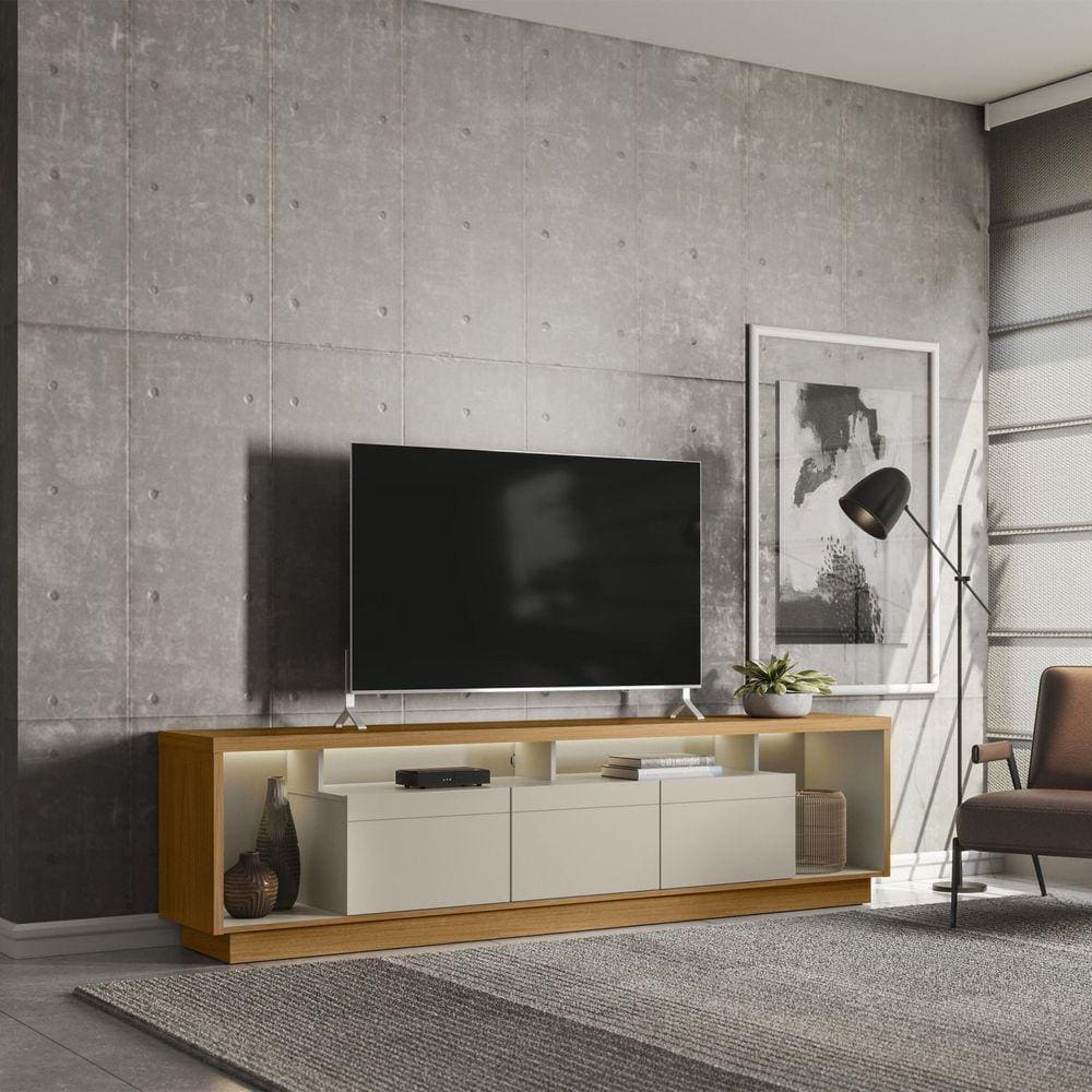 Rack para TV até 75 Polegadas com Fita de LED 218cm 3 Portas Cronos Marrom/ Off White