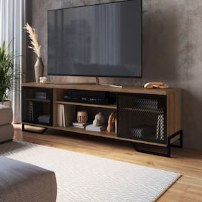 Rack Para TV ate 60 Polegadas Estilo Industrial 180cm em MDP e Portas Teladas P1027 Preto Mel
