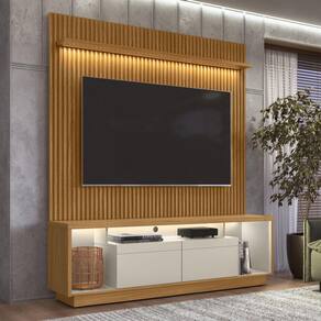 Conjunto Rack Cronos 1.8 com Painel Ouro Preto e Kit Fita LED 1 Fita 1600mm Marrom/ Off White