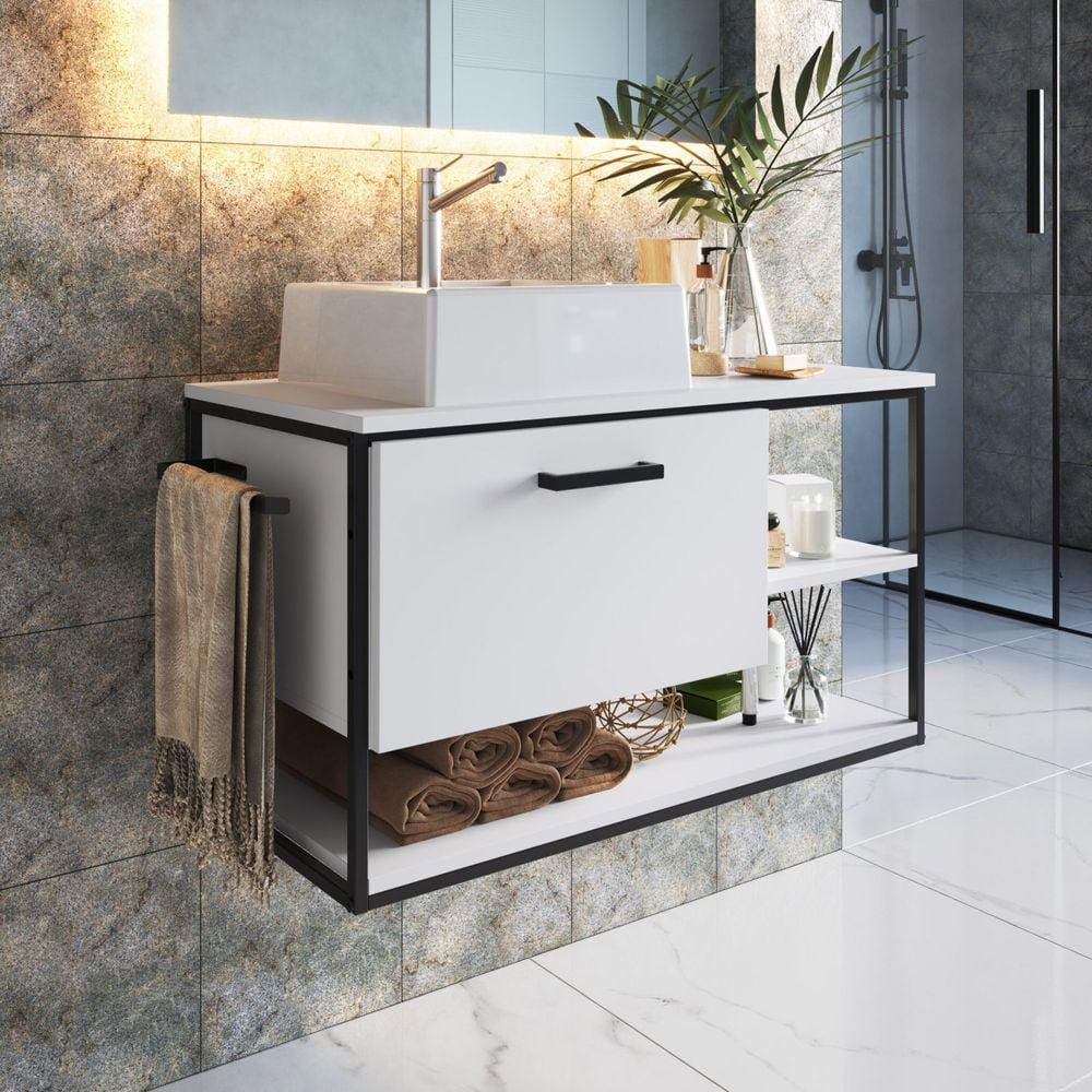 Gabinete Suspenso para Banheiro 80cm P1007 Sem Cuba Preto/Branco