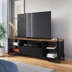 Rack Para TV ate 60 Polegadas Estilo Industrial 180cm em MDP com 1 Gaveta e Laterais Teladas P1017 Preto Mel