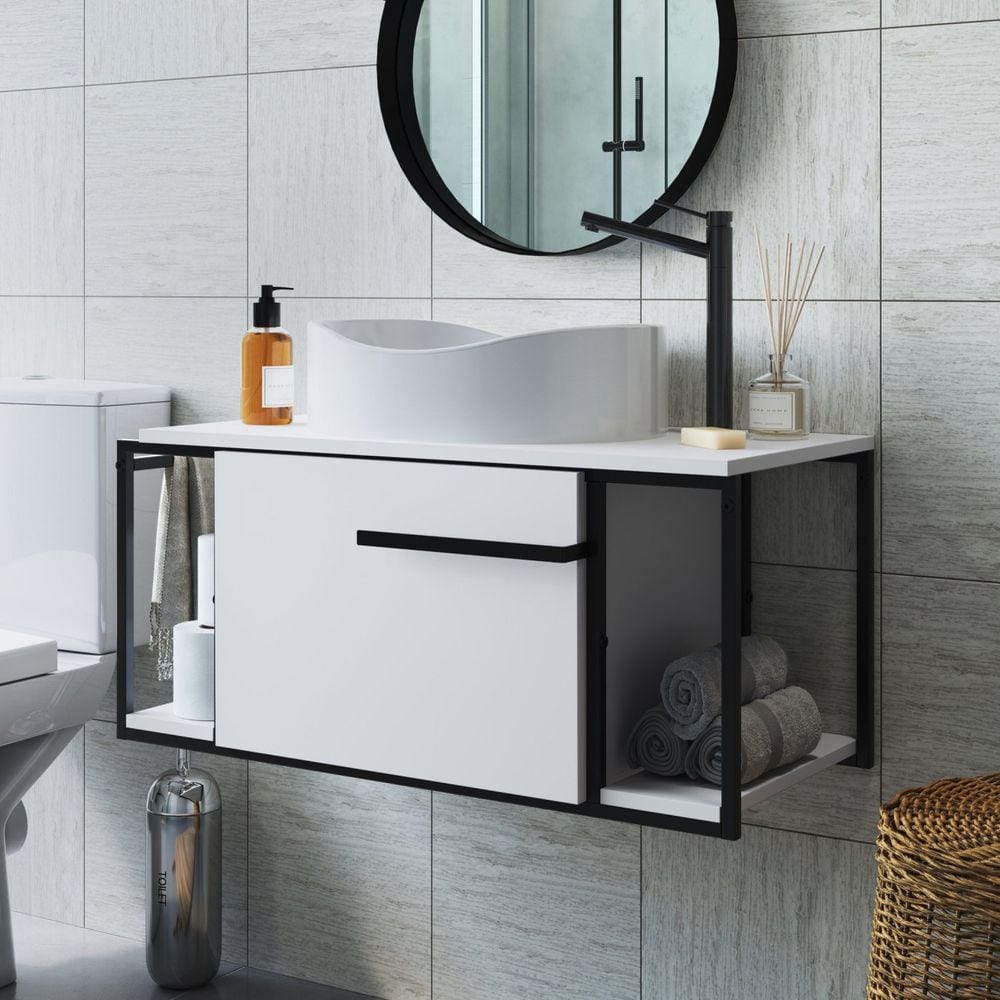 Gabinete Suspenso para Banheiro 80cm P1019 Sem Cuba Preto/Branco