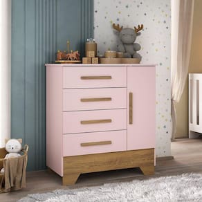 Cômoda Infantil 1 Porta e 4 Gavetas Tic Tac Rosa Fosco/Marrom