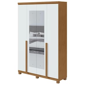 Guarda-Roupa Solteiro Alonzo 4 portas 2 Gavetas Com Espelho Amêndoa Clean/Branco