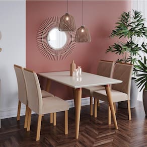 Conjunto Sala de Jantar Adele 130X80 Tampo MDF/Vidro 4 Cadeiras Fernanda Cimol Madeira/Off White/Nude