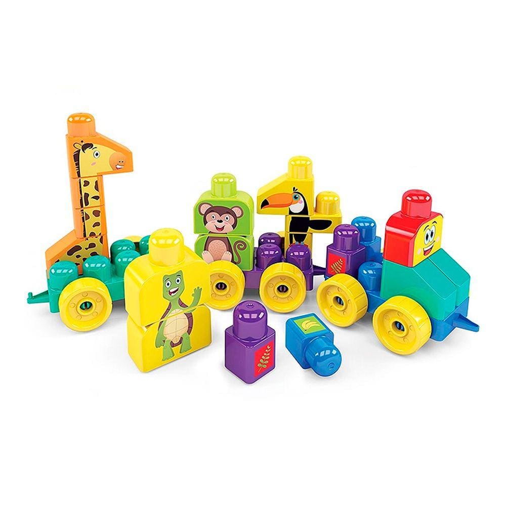 Blocolândia Trem Puxa Zoo 33 pçs com Adesivos - MK362 - Dismat