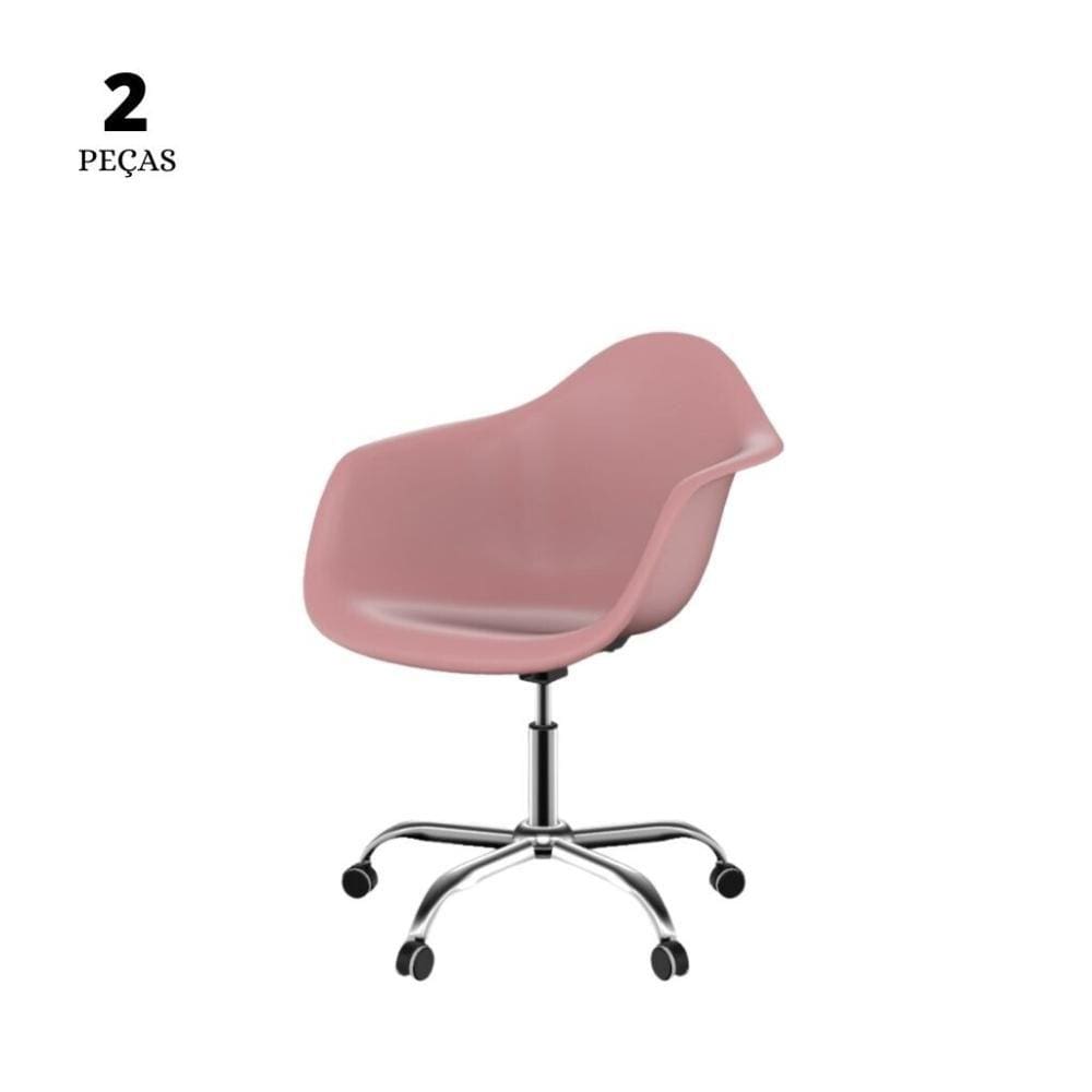 Conjunto Com 2 Cadeiras Eames Office Com Braço Office Rosa  Base Em Aço Cromado