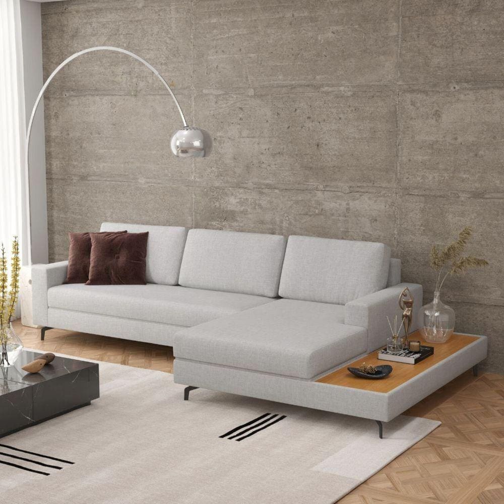 Sofá em Linho 322cm Chaise Direito e Deck Loft Cinza
