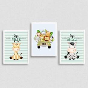 Kit 3 Quadros Safari Infantil 45x34cm Branca