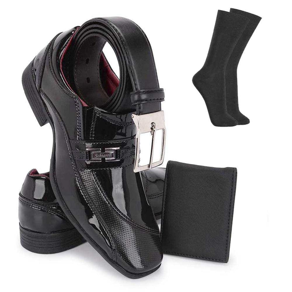 Kit Sapato Social Masculino Formal Sem Cadarço Despojado Moderno Envernizado + Cinto Meia Carteira