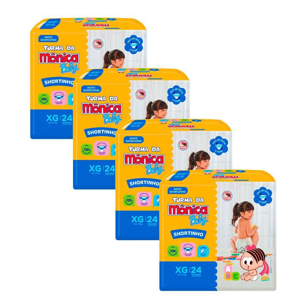 Kit 4 Fralda Shortinho Turma da Mônica Baby Tamanho XG com 24 Fraldas Descartáveis cada