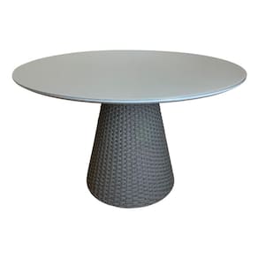 Mesa De Jantar Cone Redonda 100 Cm Tampo Laqueado Cinza + Vidro Base Corda Náutica Cinza Cor Cinza
