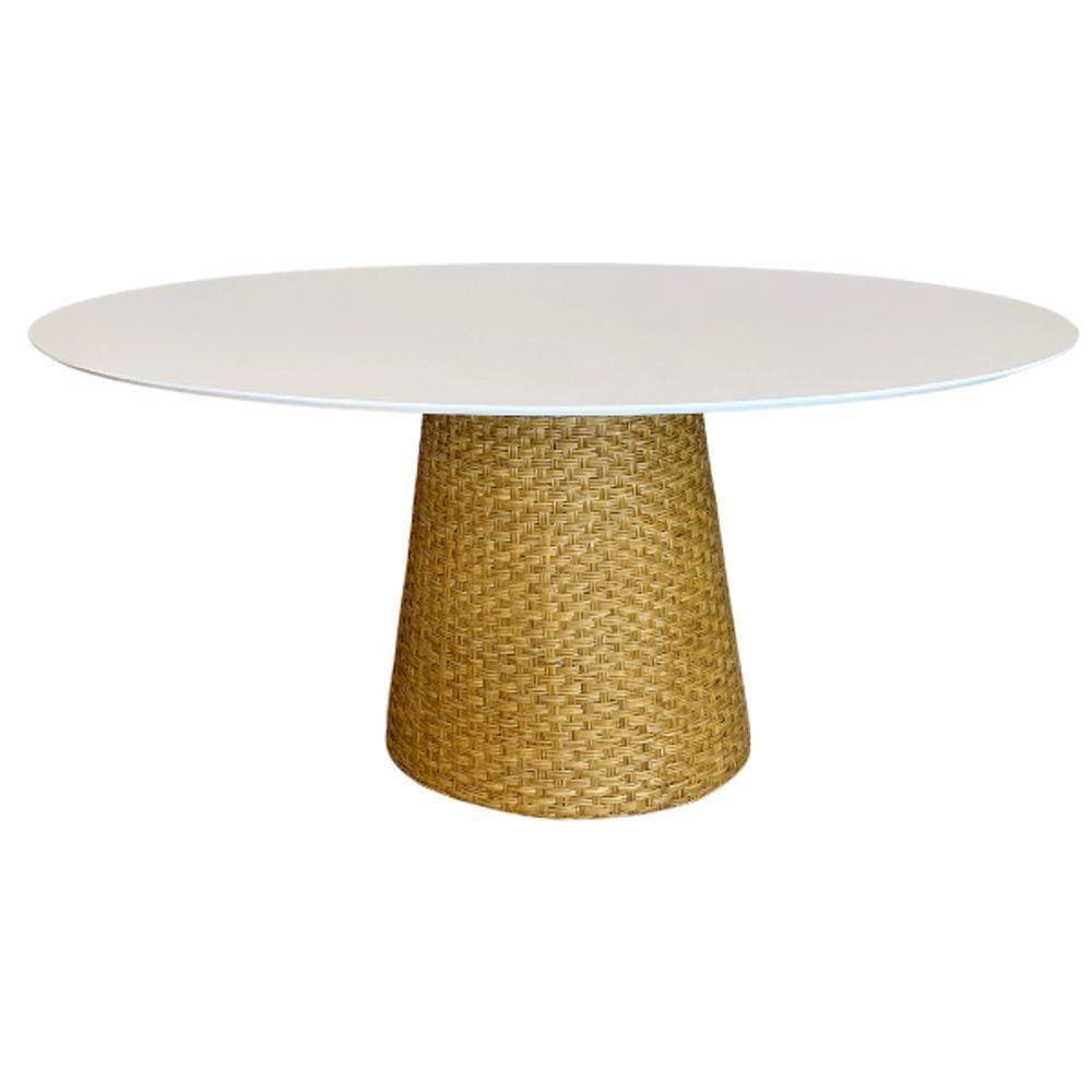 Mesa De Jantar Cone Oval 120x80 Cm Tampo Laca Branca Base Fibra Natural Cor Amarelo