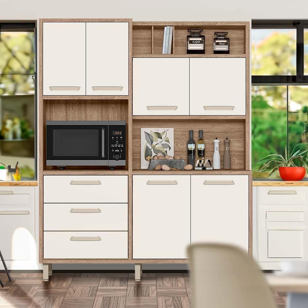 Kit Cozinha Completa Com Nicho Para Micro-ondas Carvalho Nature Off White Cristal Maud Shop Jm