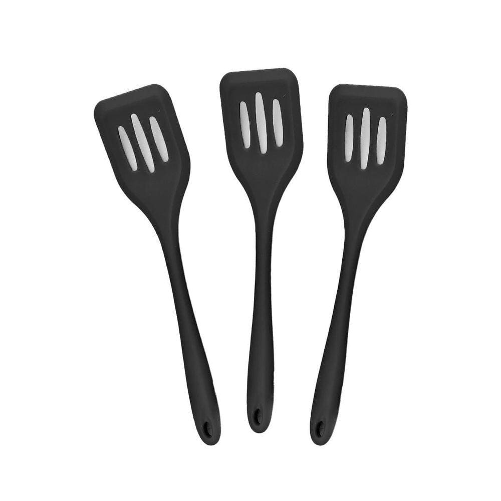 Kit 3 Espátulas De Silicone Vazada Cozinha Grande 28Cm Preta
