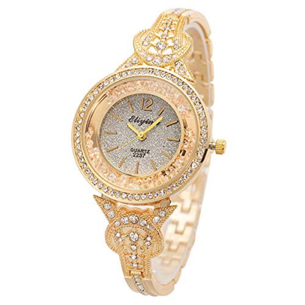 Relógio Feminino, Pulseira de Aço Dourado, Cristal, Vestido de Quartzo (Prateado Dourado)