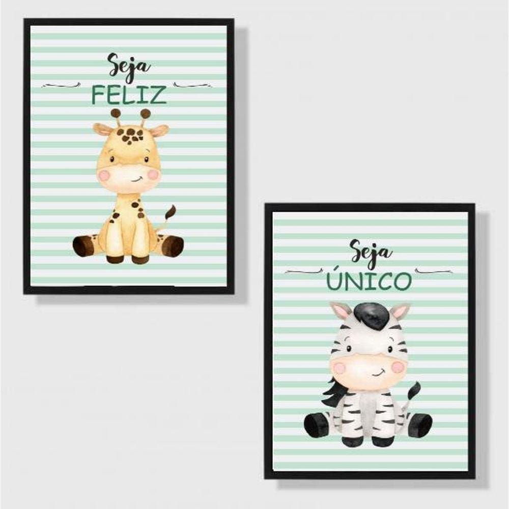 Kit 2 Quadros Infantil Tema Safari Seja Feliz 45X34Cm Preta