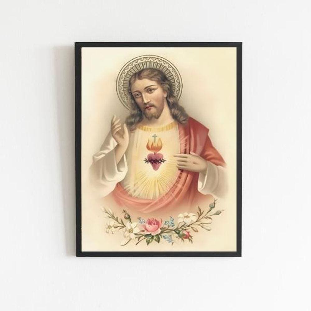 Quadro Sagrado Coração De Jesus Vintage 45x34cm Preta
