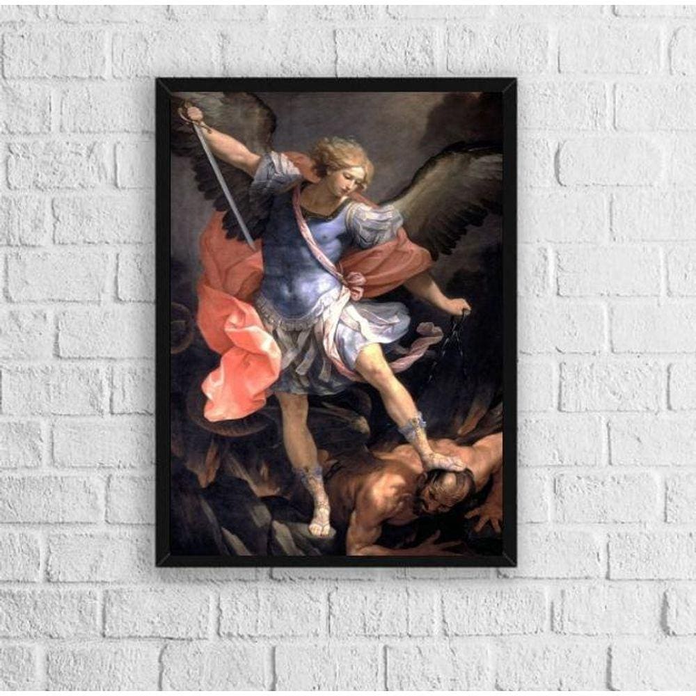 Quadro Católico São Miguel Arcanjo 24x18cm - Vidro Preta
